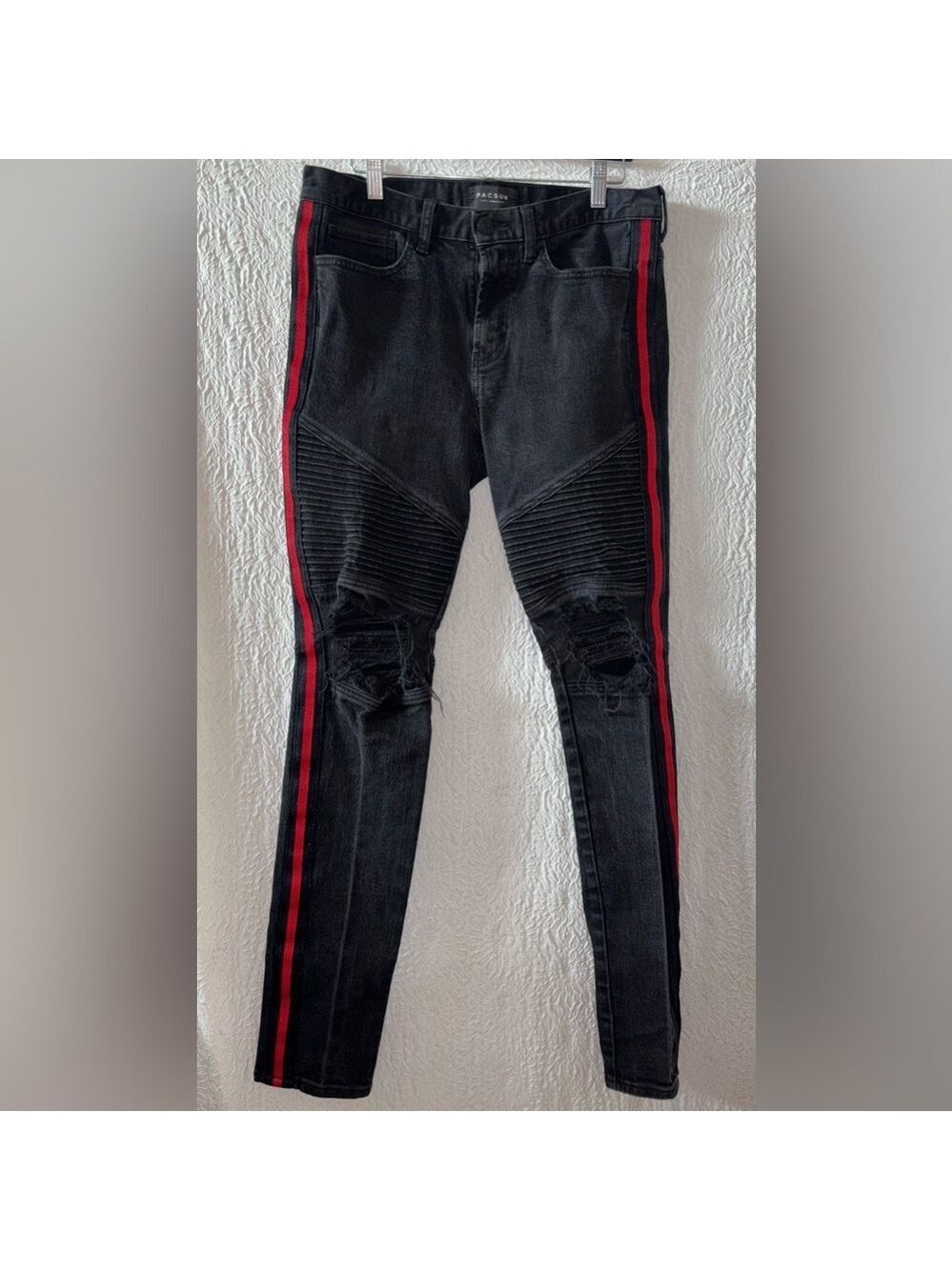 PacSun Comfort Stretch Distressed Stacked Skinny Red Stripe Moto Biker Jeans